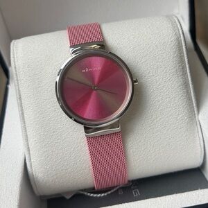 Bering Time Ladies Classic Silver & Pink Watch with Sunburst Dial 19031-999 NEW